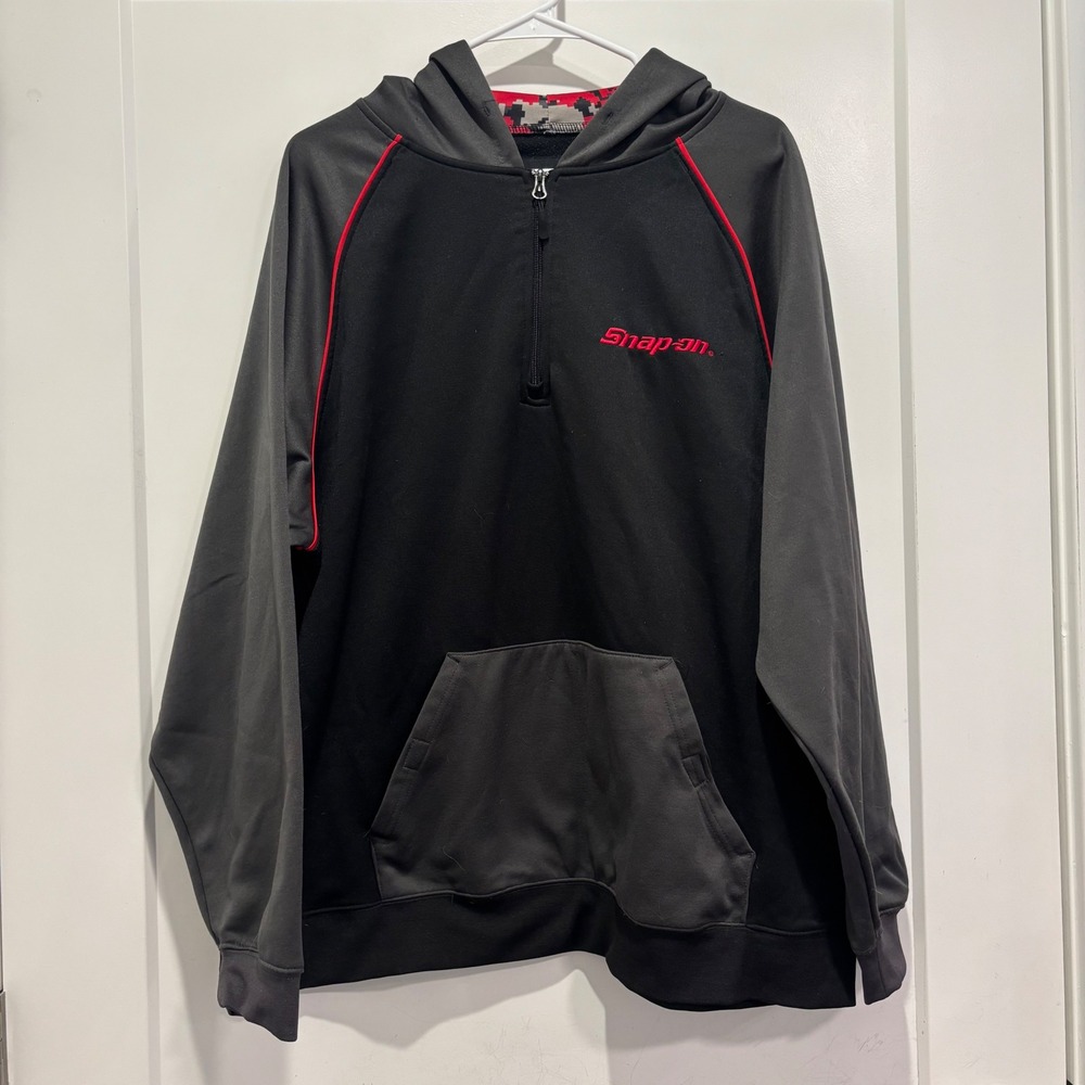 Snap-on Tools Mens XL Black Grey Red 1/4 Zip Performance Hoodie Camo Hood Lining